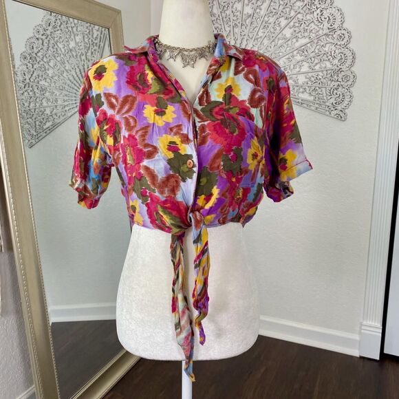 Vintage 90s 1991 Colorful Boho Hippie Floral Flower Front Tie Crop Top Blouse S - Picture 3 of 7